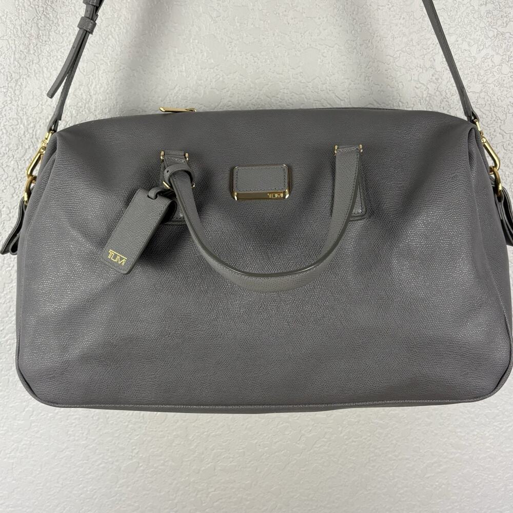 Tumi Gray Leather Weekender Bag with Gold Hardware